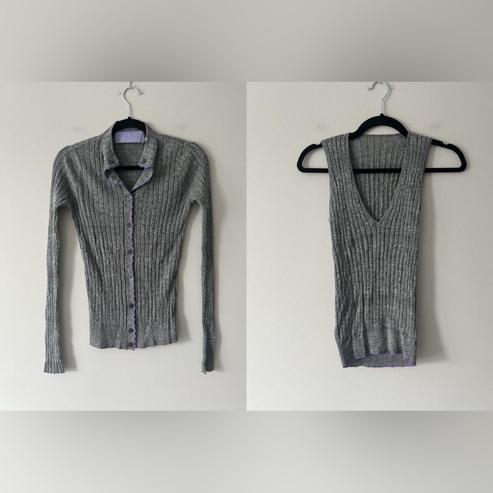 Vera Wang Lavender Label Ribbed Knit Cardigan Gray Purple Trim Fitted S